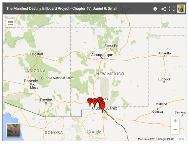 Location of Small’s ten billboards in southern New Mexico (Screenshot by the author for Hyperallergic)
