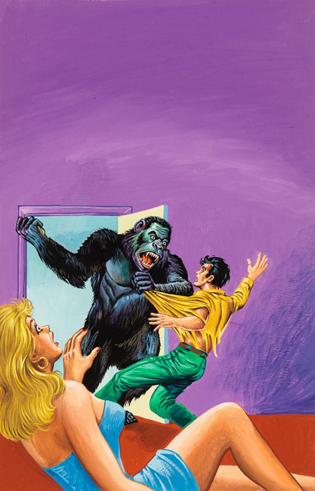 "Untitled" (Gorilla attacking man as horrified woman watches) (1960-75), tempera on illustration board, 15 x 11 in, 38.1 x 27.94 cm