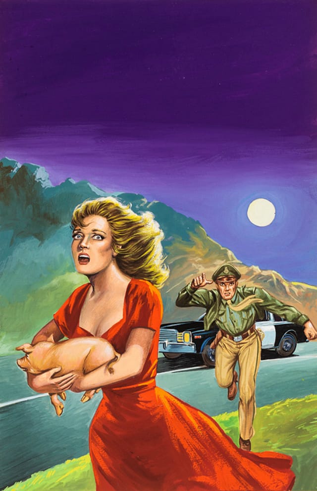 "Untitled" (Woman holding pig, cop in pursuit) (1960-75), tempera on illustration board, 15 x 11 in, 38.1 x 27.94 cm