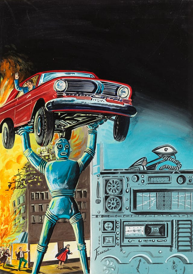 F Zavala, "Untitled" (Robot holding red car in air as city burns in background) (1960-75), tempera on illustration board, 15 x 11 in, 38.1 x 27.94 cm