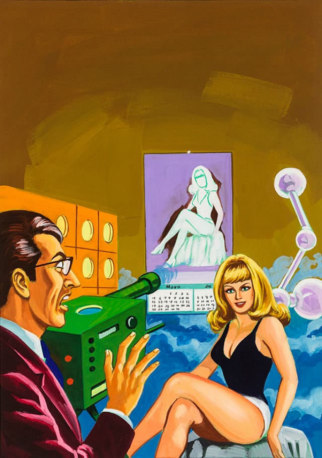 "Untitled" (Woman posing for calendar shoot with shocked photographer) (1960-75), tempera on illustration board, 15 x 11 in, 38.1 x 27.94 cm