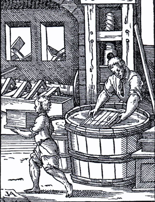 Jost Amman, "Papermaking (from the Book of Trades)" (1568), woodcut. Victoria and Albert Museum, London. (Image via Web Gallery of Art)