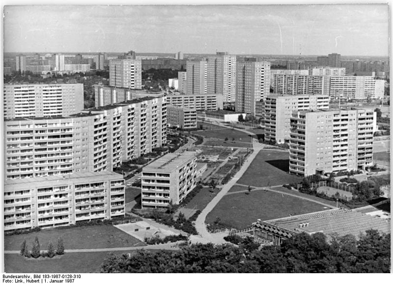 Berlin-Marzahn, the largest concentration of plattenbau construction in East Germany (January 1987) (photo by Hubert Link, via Wikimedia Commons)
