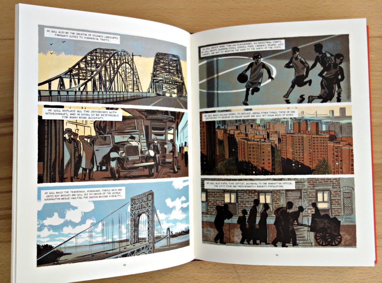 Pages from  'Robert Moses: The Master Builder of New York City'  (photograph of the book by the author for Hyperallergic)