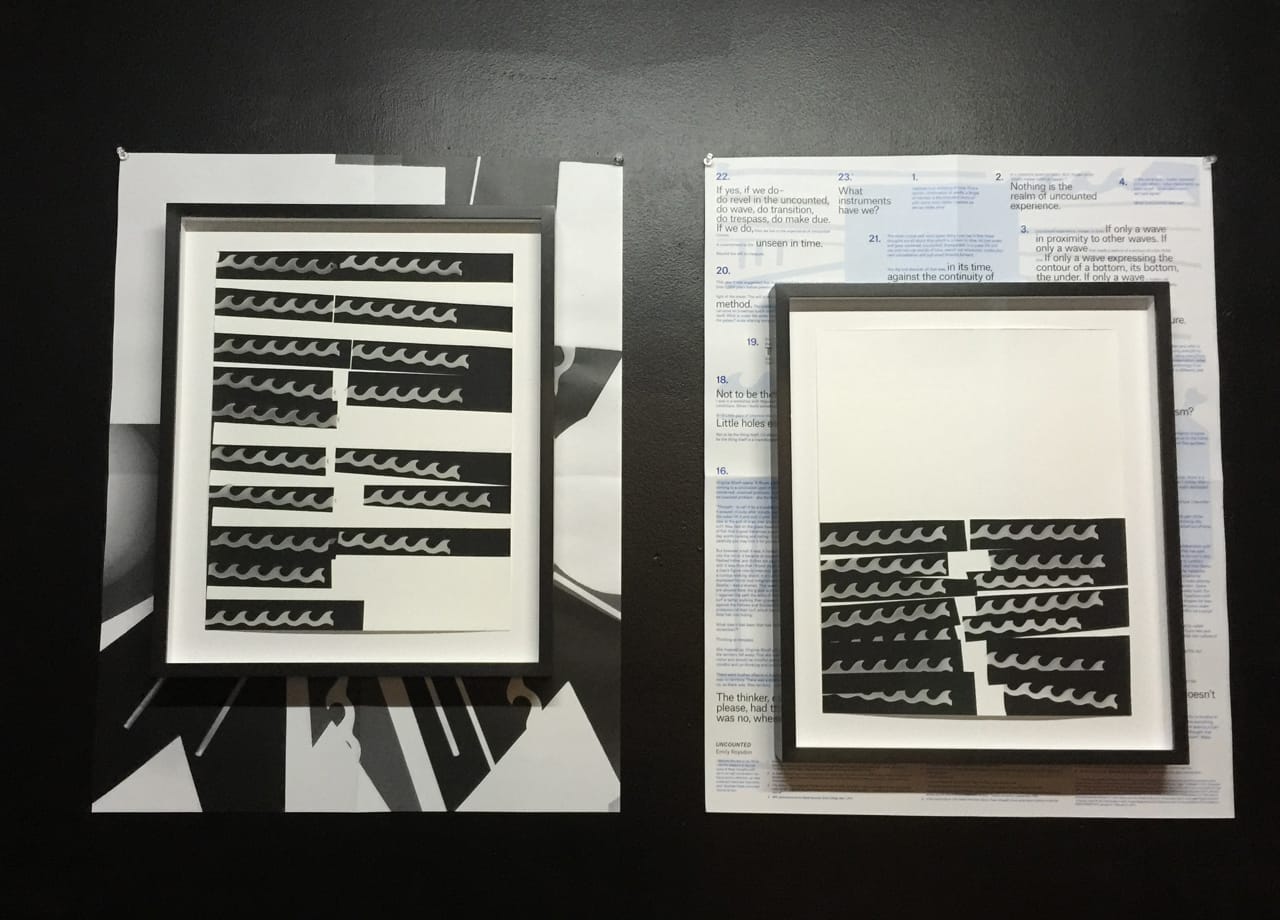 Installation view of Emily Roysdon's Untitled (Full-page) (2014) and Untitled (Half-page) (2014), hung over copies of Uncounted (2015) in the bathroom at Participant Inc, New York, NY.