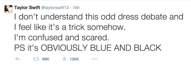 Singer Taylor Swift sees blue and black (Screenshot by author for Hyperallergic)