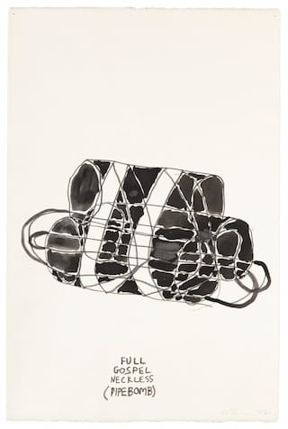 Al Taylor, "Full Gospel Neckless (Pipe Bomb)" (1997), pencil and gouache on paper, 22 1/2 x 14 3/4 inches