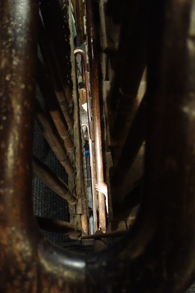 Looking down the central staircase