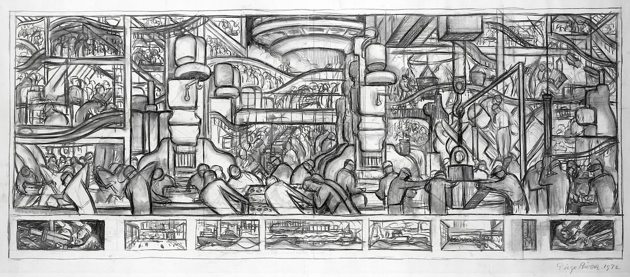 LMG112945 The Making of a Motor, cartoon for the north wall of the 'Detroit Industry' frescoes, 1932 (charcoal on paper) by Rivera, Diego (1886-1957); 45.7x83.8 cm; Leeds Museums and Galleries (Leeds Art Gallery) U.K.; Mexican,  in copyright