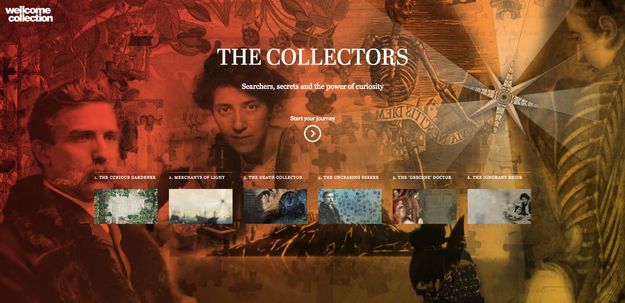 Starting page for Wellcome Collection's "The Collectors (screenshot by the author for Hyperallergic)