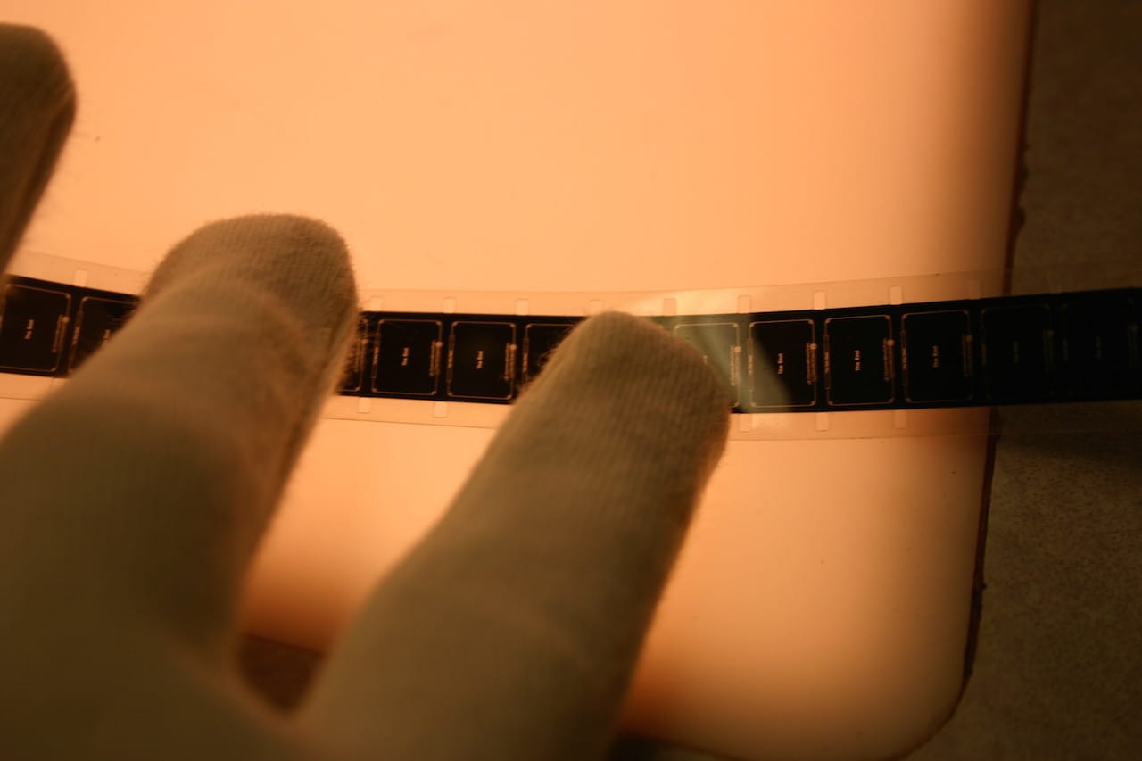 Inspecting 'The Grim Game' in NYU's film preservation lab (courtesy Kimberley Tarr)