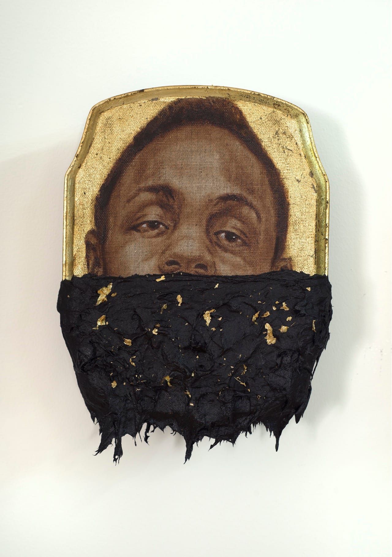 Titus Kaphar, "Jerome III" (2014), oil, gold leaf and tar on wood panel, 10 x 7 x 1 inches 