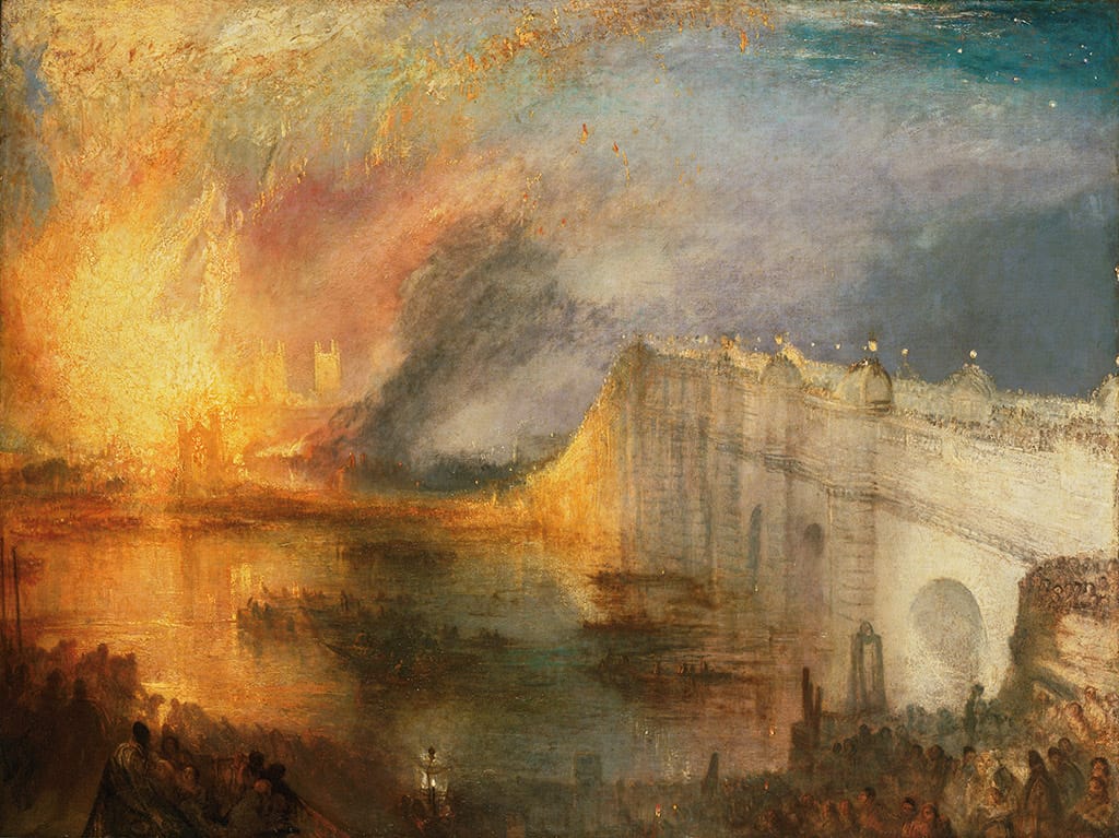 J. M. W. Turner, "Burning of the Houses of Lords and Commons, October 16, 1834" (exhibited 1835), oil on canvas (via getty.edu)