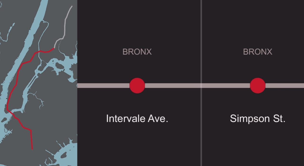 Still of "Two Trains - Sonification of Income Inequality on the NYC Subway" by Brian Foo (screenshot by the author for Hyperallergic)