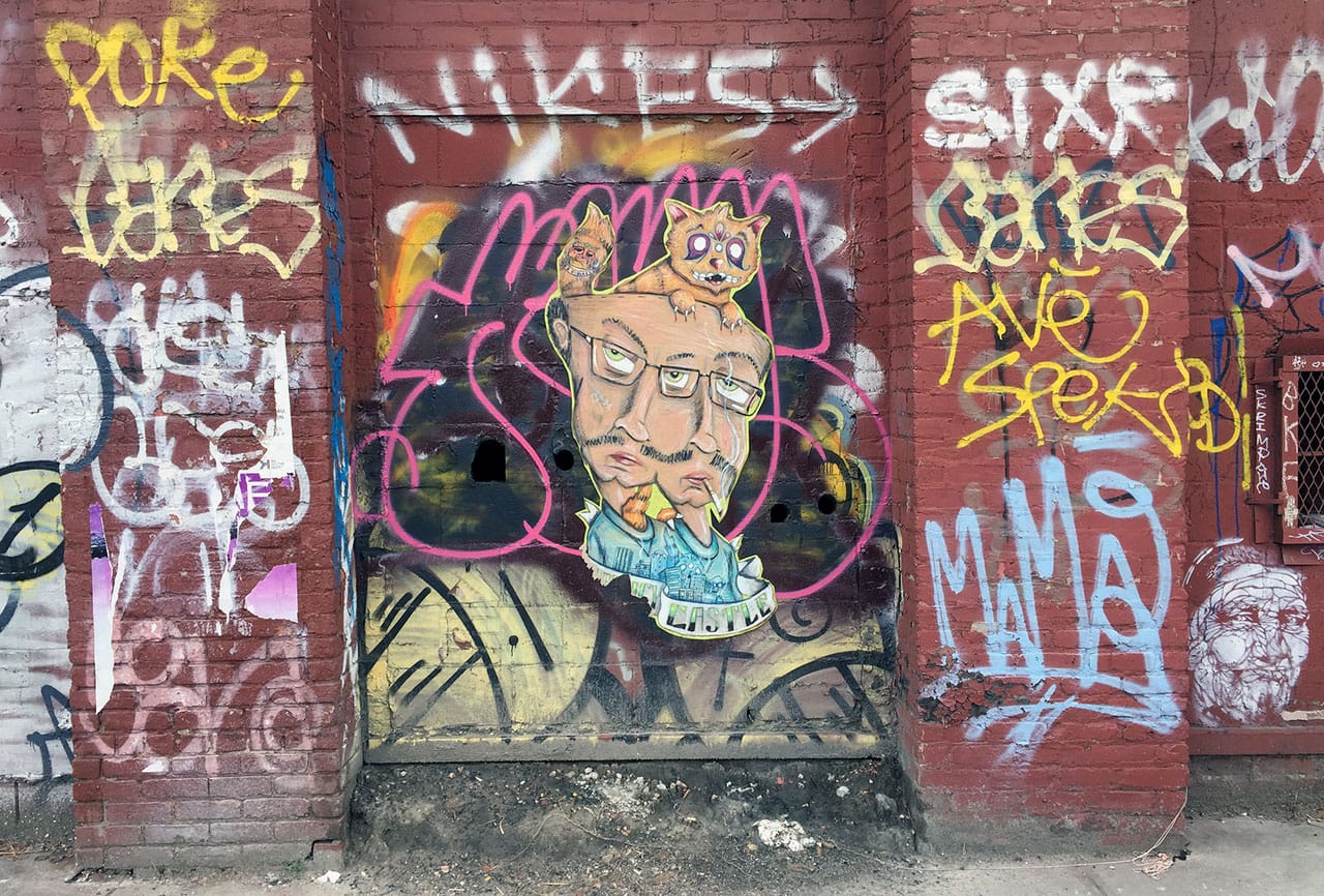 An active graffiti and street art spot in Williamsburg, Brooklyn (photo by the author for Hyperallergic)