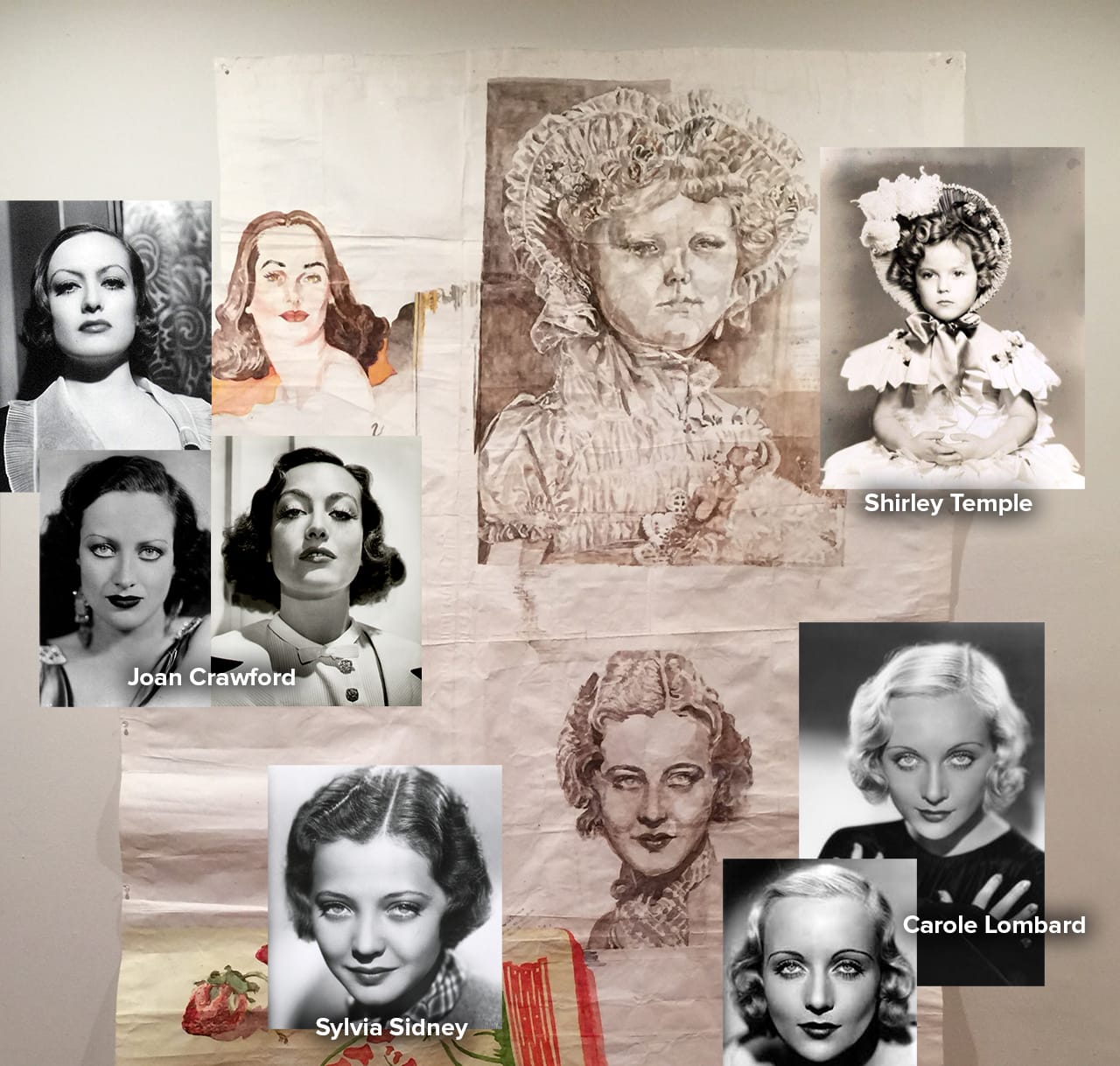 Dawn Clements's “Faces and Table” (2014) with images of the Hollywood stars cited my me and the artist. (collage by the author for Hyperallergic)