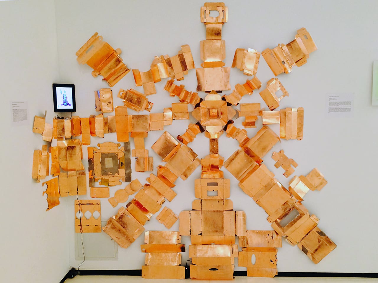 PROJECT 59, INC. (IRINA DANILOVA with HIRAM LEVY AND VLADIMIR SELEZNEV), “Mistress Of Copper Mountain” (2015), 59 disassembled cartons, covered with copper leaf