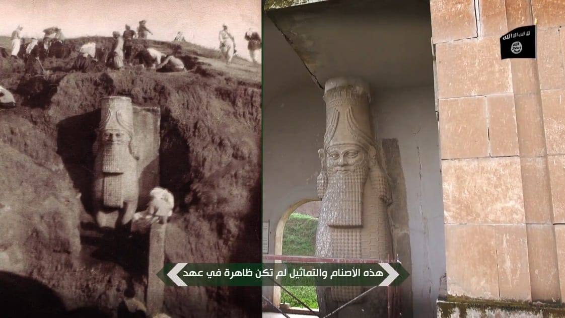 The excavation of an ancient Assyrian lamassu in the early 20th century and the statue in the Mosul Museum.