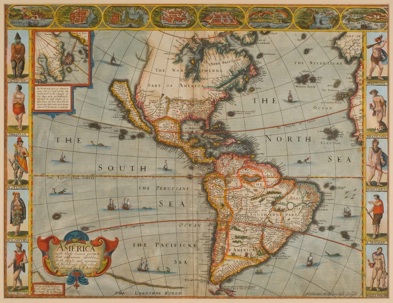 John Speed Americas (London, 1626) Speed's steel-engraved, hand-colored view of "America" shows the post-Columbian "New World." It includes attractive cultural border decorations, but perpetuates the Spanish myth of "California as an Island." Photograph by Paul Mutino.