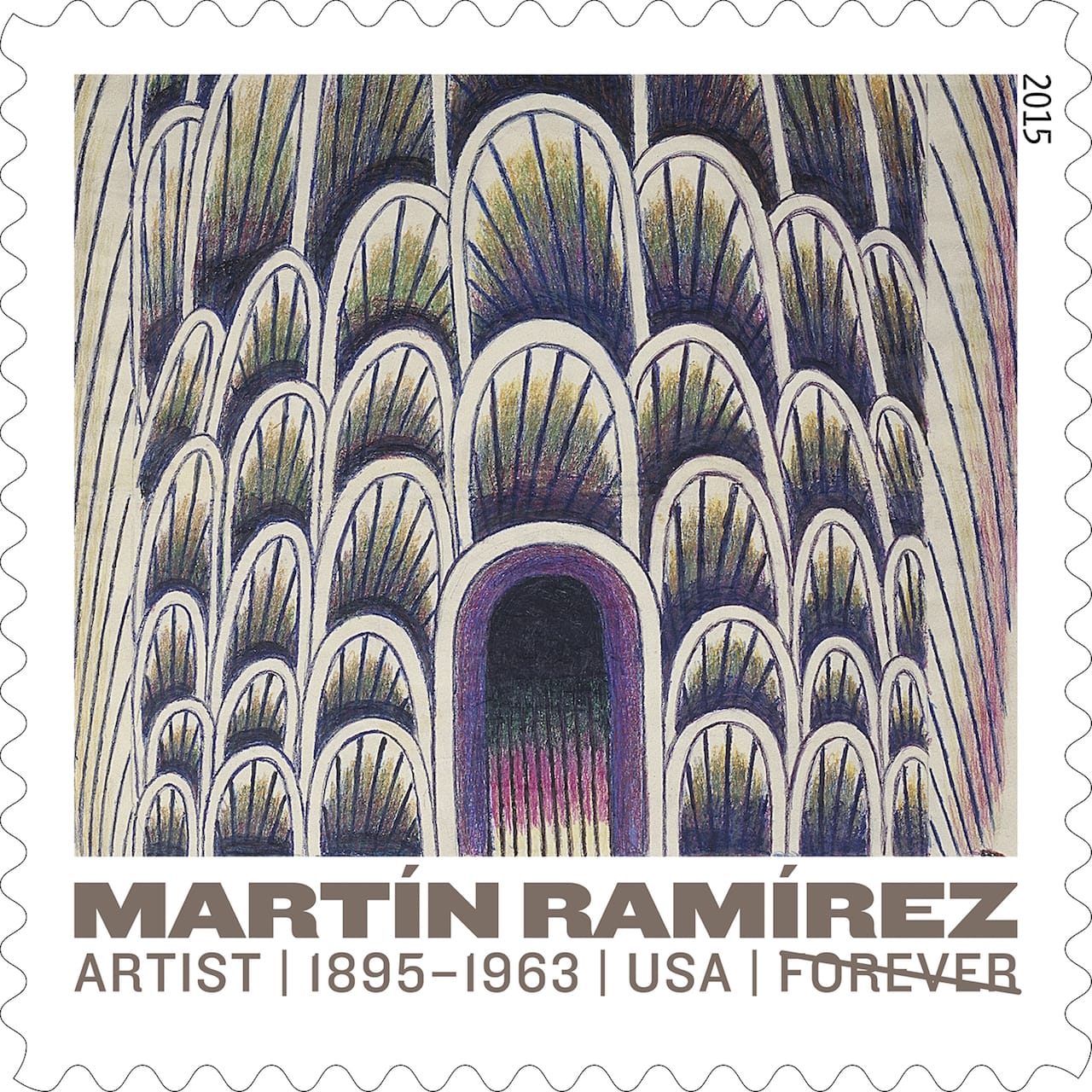 Martín Ramírez,”Untitled (Tunnel with Cars and Buses)” (1954), reproduced as one of five new ‘Forever’ Stamps by the United States Postal Service (© 2015 USPS)
