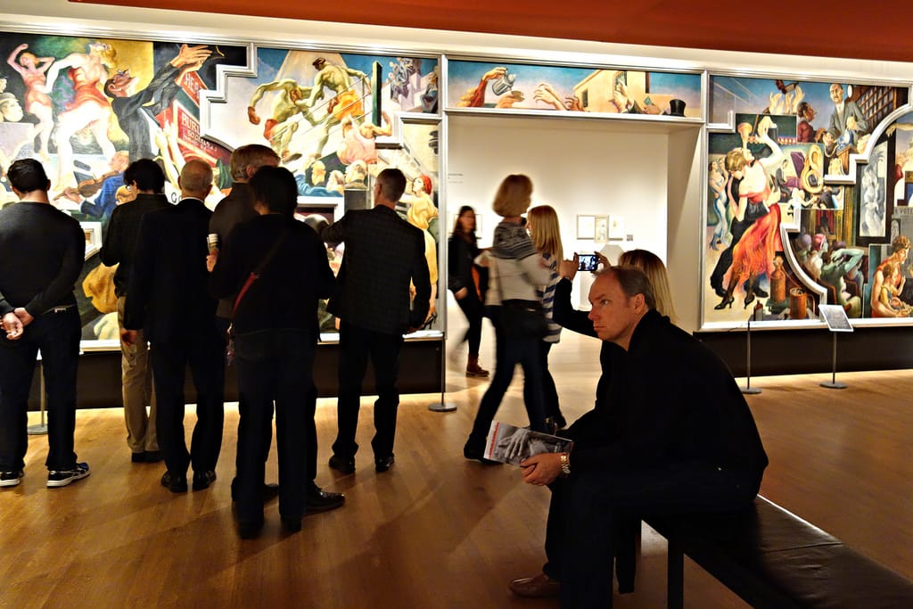 Installation view of 'Thomas Hart Benton's America Today Mural Rediscovered' at the Metropolitan Museum of Art (photo by the author for Hyperallergic)