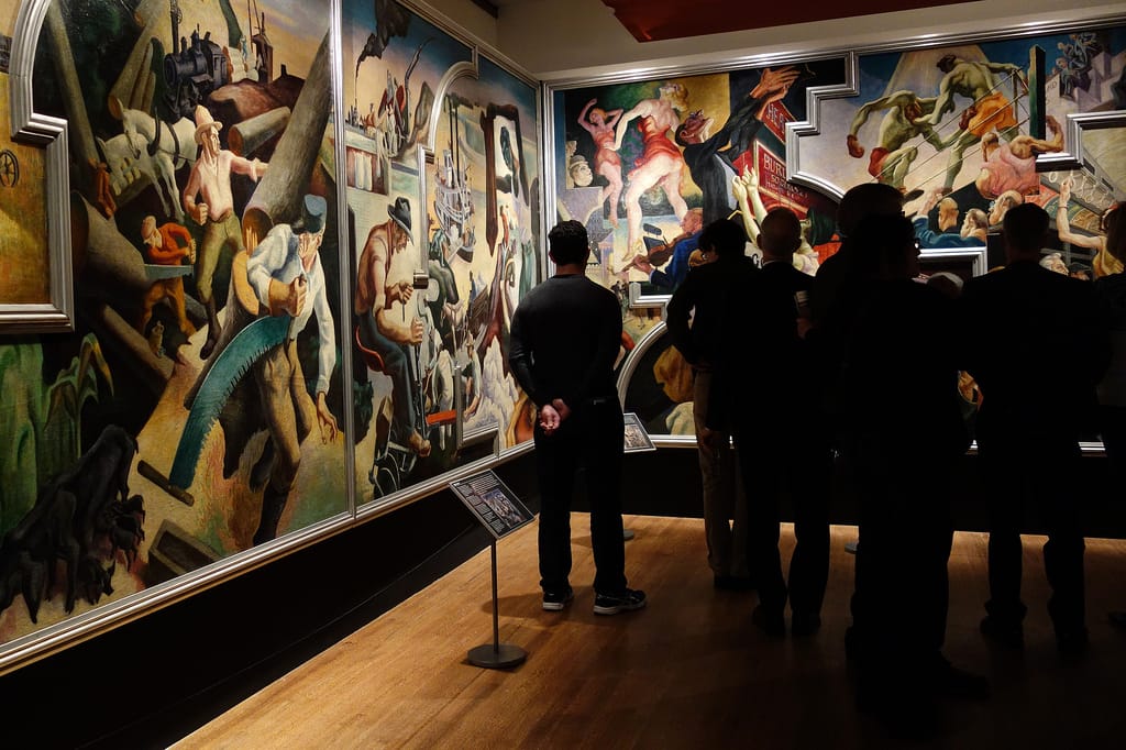 Installation view of 'Thomas Hart Benton's America Today Mural Rediscovered' at the Metropolitan Museum of Art (photo by the author for Hyperallergic)