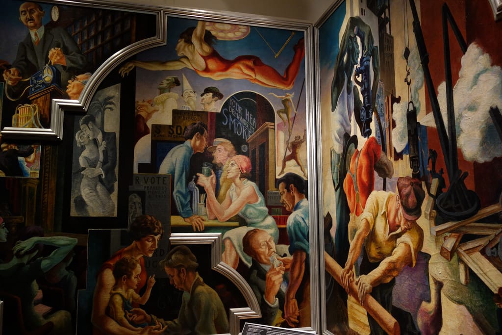 Installation view of 'Thomas Hart Benton's America Today Mural Rediscovered' at the Metropolitan Museum of Art (photo by the author for Hyperallergic)