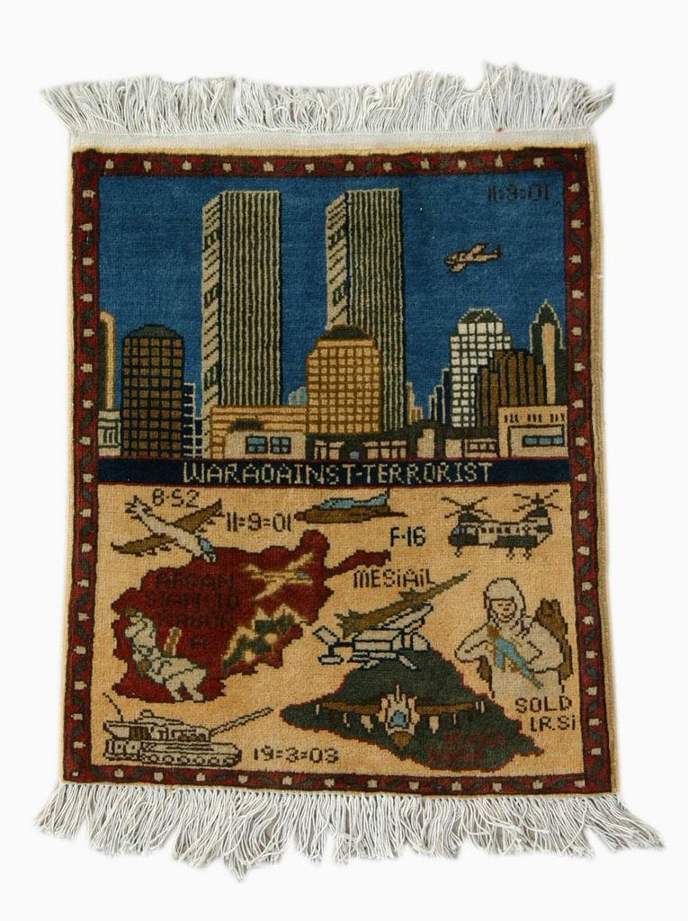 Unknown maker in Afghanistan, Twin Towers Rug, after 2001; acquired in Kabul, Afghanistan, 2004. Knotted wool, 32 ¼ x 22 ¾ inches. Private collection. Image courtesy of SMoCA