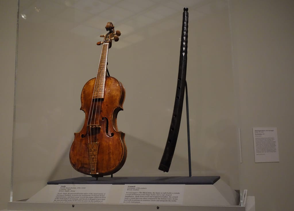 Violin Nicolò Amati (Cremona 1596–1684 Cremona) 1669, Cremona, Italy Spruce, maple, other woods Body length (belly): 35 cm (13-13/16 in.); Upper bouts: 16.1 cm (6-5/16 in.); Middle bouts: 11.0 cm (4-5/16 in.); Lower bouts: 20.1 cm (7-15/16 in.) Chordophone-Lute-bowed-unfretted Cornett Cornett Date: 17th century
