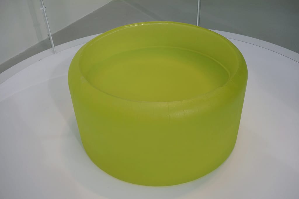 Roni Horn, "Untitled (The peacock likes to sit on gates or fenceposts and allow his tail to hang down. A peacock on a fencepost is a superb sight. Six or seven peacocks on a gate is beyond description, but it is not very good for the gate. Our fenceposts tend to lean and all our gates open diagonally)" (2013), solid cast glass with as-cast surfaces, oculus top, named from an interview with Flannery O'Connor