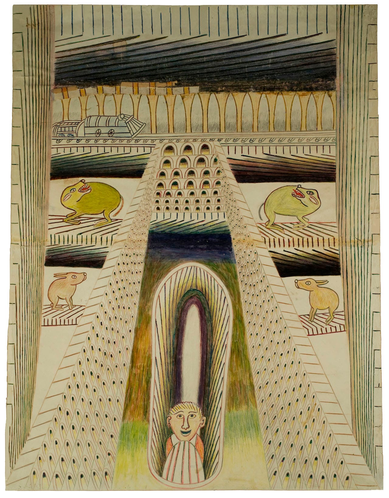Untitled (Courtyard with Man and Animals) c. 1950-55 Graphite, tempera and crayon on paper 47 1/2 x 36 in; 120.7 x 91.4 cm