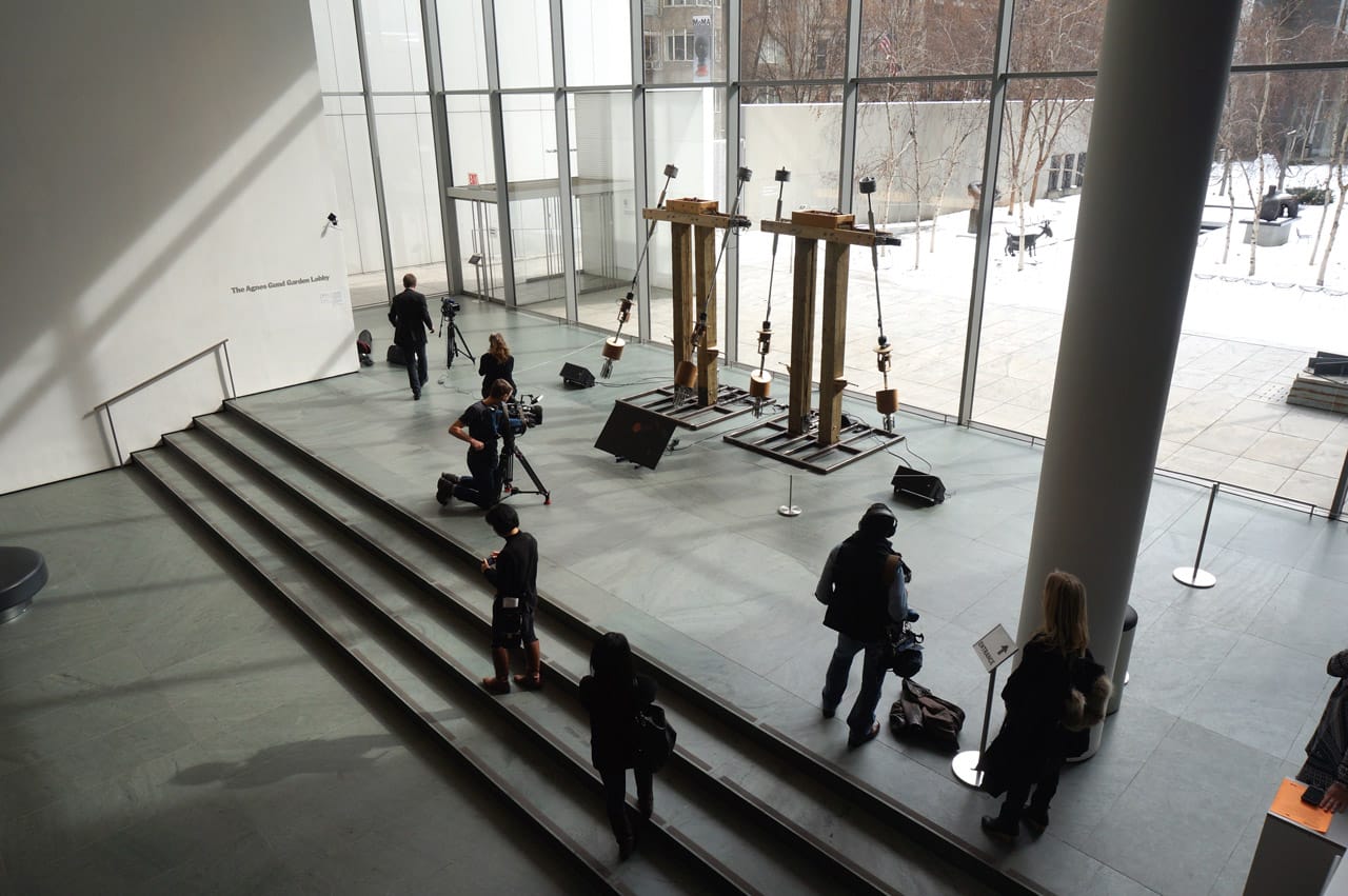 A view of Andrew Cavatorta's Gravity Harps (2011), used on Björk's album 'Biophilia,' in the MoMA lobby (photo by Jillian Steinhauer/Hyperallergic)