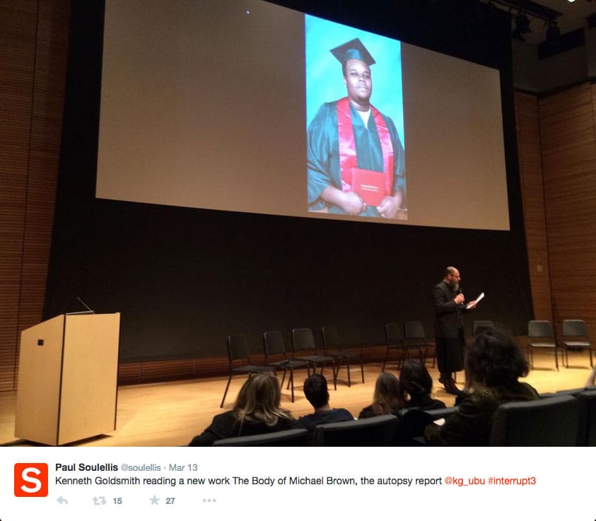 Kenneth Goldsmith reading "The Body of Michael Brown" at Interrupt 3 (screenshot via @soulellis/Twitter)