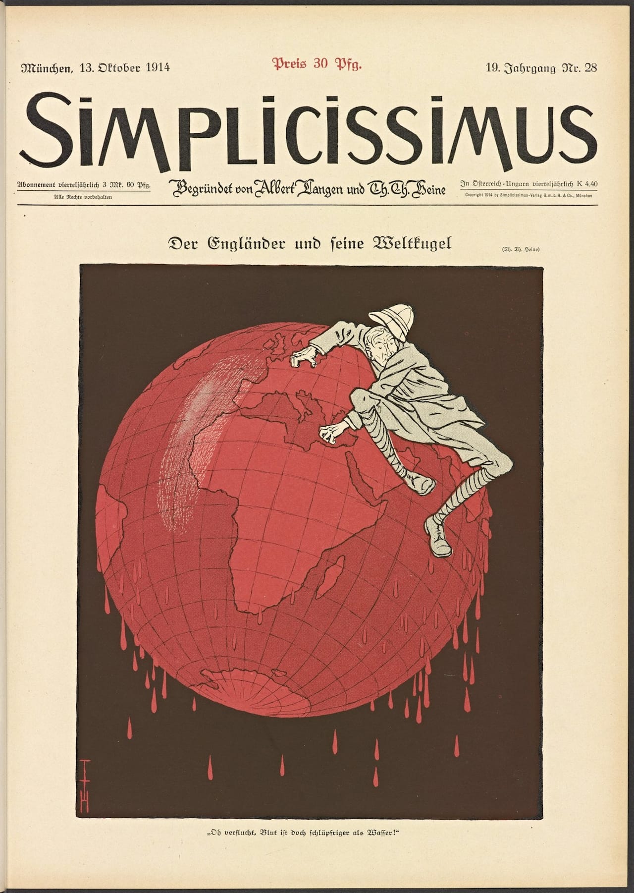 The Englishman and His Globe. Thomas Theodor Heine (1867–1948) Simplicissimus vol. 19, no. 28 (October 13, 1914): cover. The Getty Research Institute, Los Angeles (85-S1389). © 2014 Artists Rights Society (ARS), New York / VG Bild-Kunst, Bonn