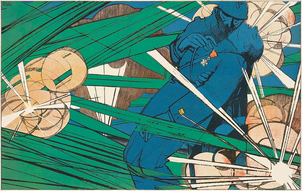 Detail of “I Have You My Captain. You Won’t Fall.” Paul Iribe (French, 1883–1935). À coups de baïonnette 9 (June 1917): pp. 424–25. The Getty Research Institute, Los Angeles (93-S507)