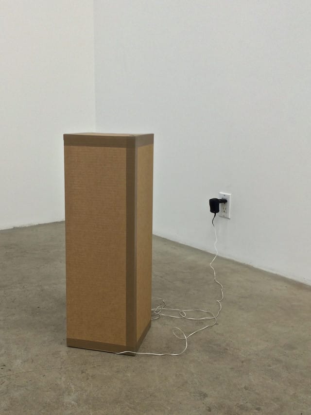 Zimoun, "1 prepared dc-motor, cardboard box 60x20x20cm" (2014), motor, cardboard, metal, mdf, power supply