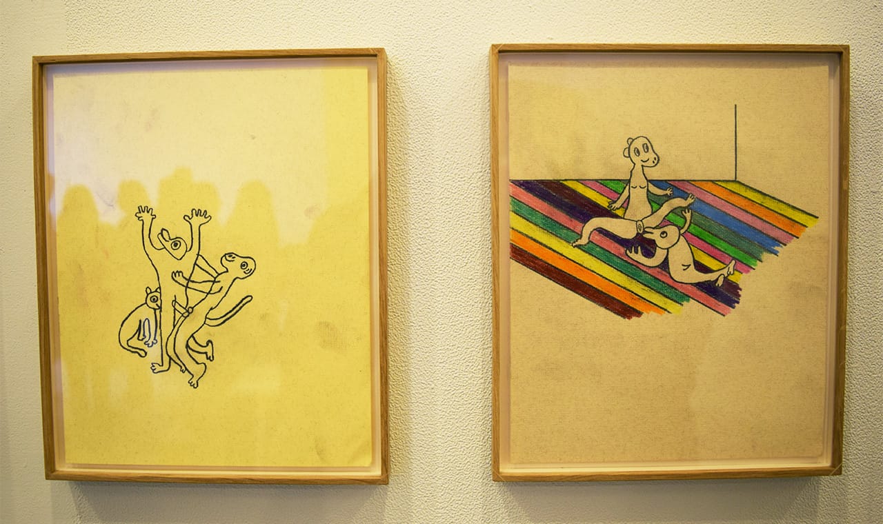 Two untitled and untitled crayon-on-paper works by Anne-Lise Coste in the NoguerasBlanchard booth
