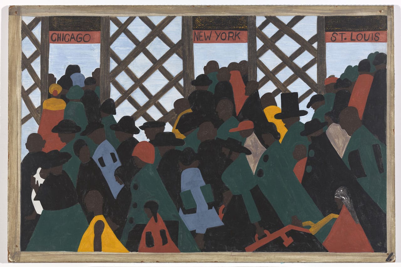  Jacob Lawrence, "The Migration Series" (1940-41). Panel 1: “During the World War there was a great migration North by Southern Negroes", casein tempera on hardboard. The Phillips Collection, Washington D.C. Acquired 1942 (© 2015 The Jacob and Gwendolyn Knight Lawrence Foundation, Seattle / Artists Rights Society (ARS), New York. Photograph courtesy The Phillips Collection, Washington D.C.)