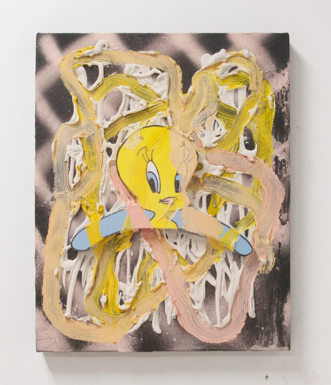 Rajewski’s humor and perverse attraction/repulsion with popular culture come through in Tweety Bird, Acrylic, wood, oil, spray paint and caulk on canvas, 2014