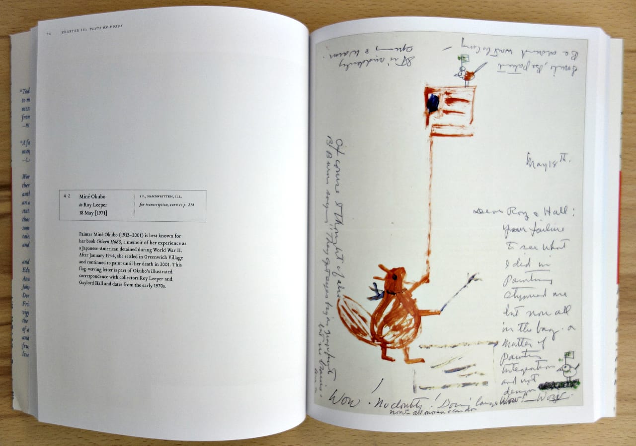 Pages from 'More than Words' showing a letter from Miné Okubo to collector Roy Leeper on May 18, 1971.  (photo of the book by the author for Hyperallergic)
