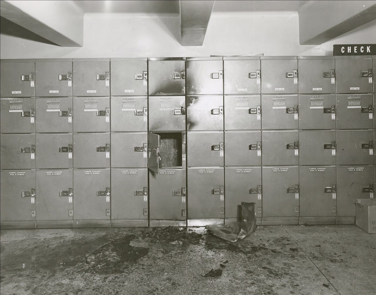 Aftermath of a pipe bomb explosion in Pennsylvania Station (March 1955), it was later linked to "Mad Bomber" George S. Metesky who operated for 16 years in NYC (courtesy New York City Municipal Archives)