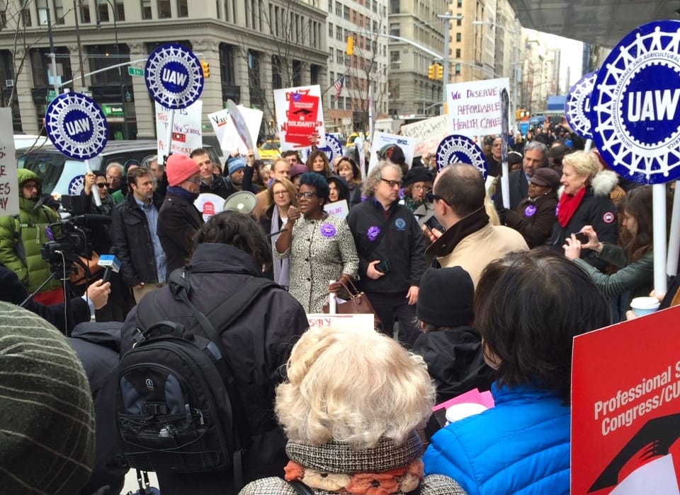 Protesters outside the New School's University Center (photo by Mira Schor)