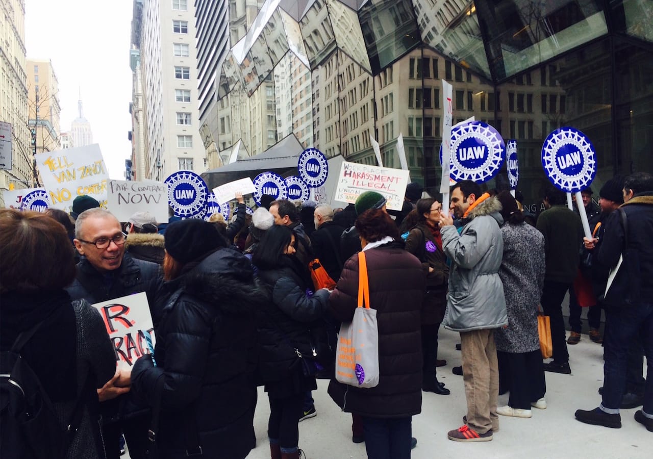 Protesters outside the New School's University Center (photo by Laurence Hegarty)