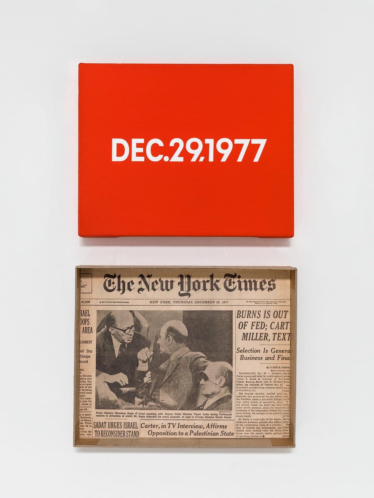 On Kawara, "DEC. 29, 1977 'Thursday' New York" (1977) from 'Today' series (1966–2013), acrylic on canvas, 8 x 10 in, pictured with artist-made cardboard storage boxes (Private collection, photo Courtesy David Zwirner, New York/London)
