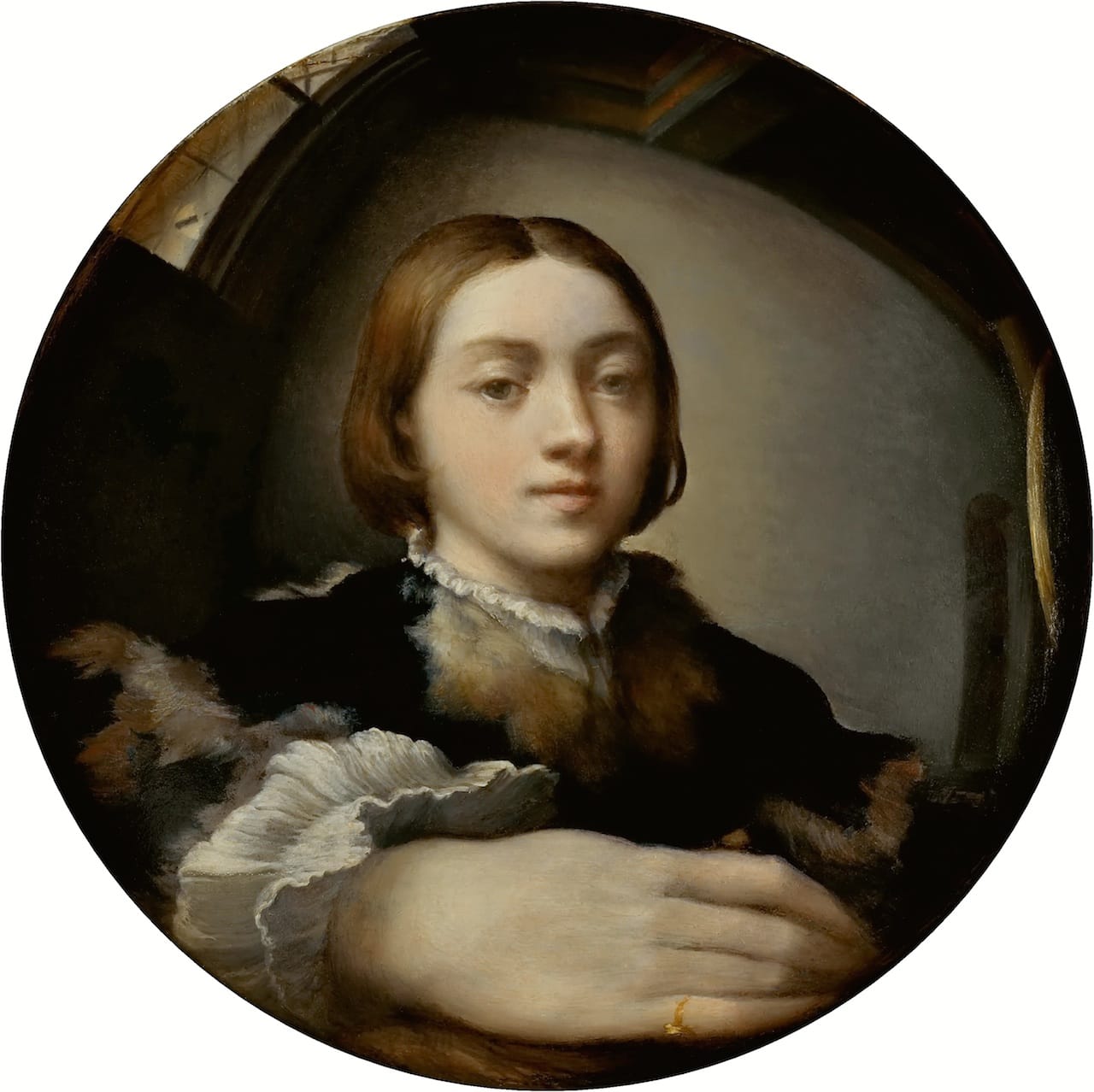 Parmagiannino, Self-Portrait in a Convex Mirror, 1524, Oil on convex wood panel, 9.6 inches in diameter (LINK TO WIKIMEDIA)