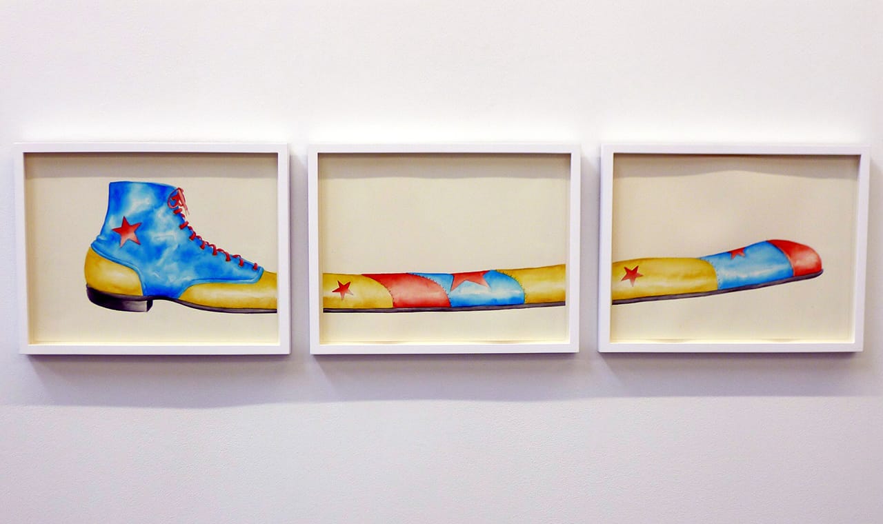 Jamie Isenstein, "Untitled (yellow, turquoise, red clown shoe)" (2013), watercolor and pencil on paper (triptych)