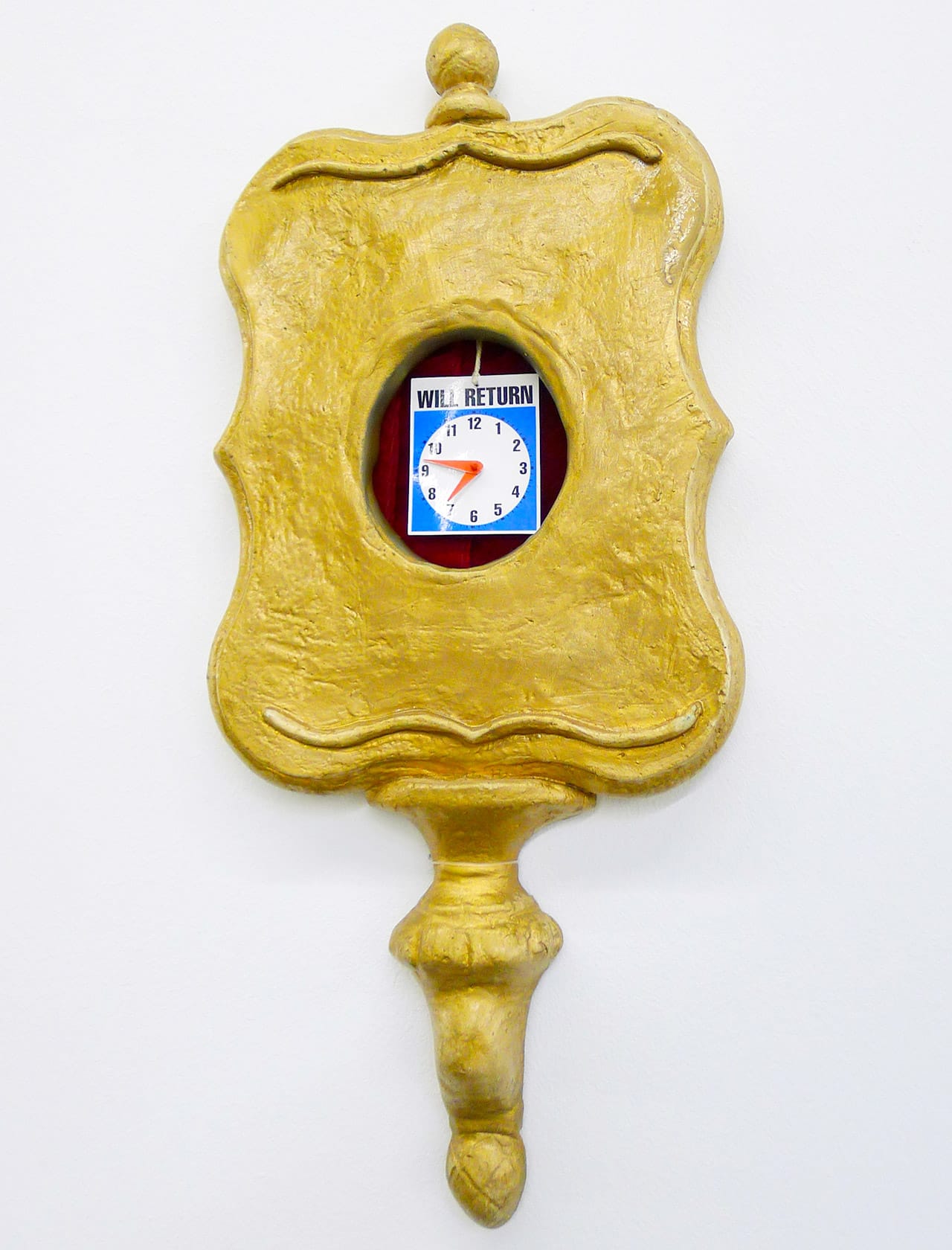 Jamie Isenstein, "Magic Lamp" (2005), plaster, gold leaf finish, epoxy, velvet curtain, magic light bulb, "Will Return" sign or arm