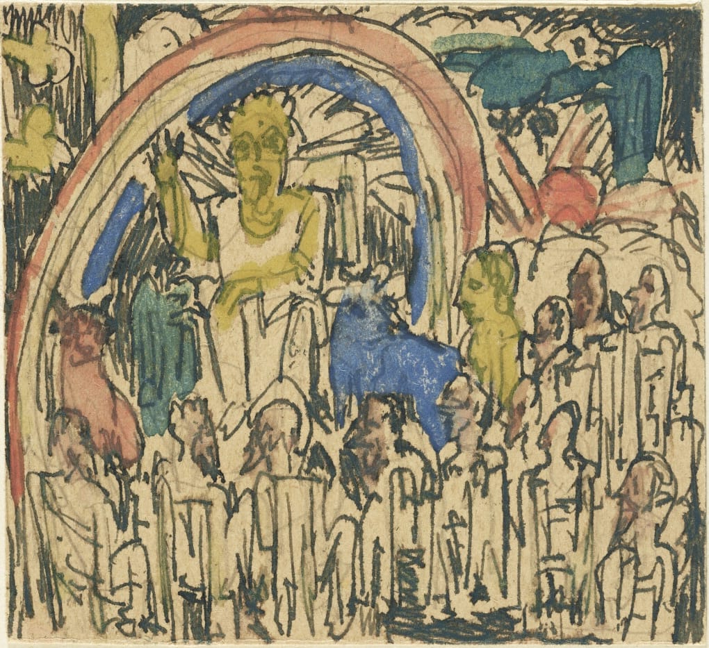 Detail of Saint John’s Vision of the Seven Candlesticks Ernst Ludwig Kirchner (German, 1880–1938). Pencil, ink, and watercolor on cigarette box. Ernst Ludwig Kirchner Sketchbooks, 1917–1932. The Getty Research Institute, Los Angeles (850463)