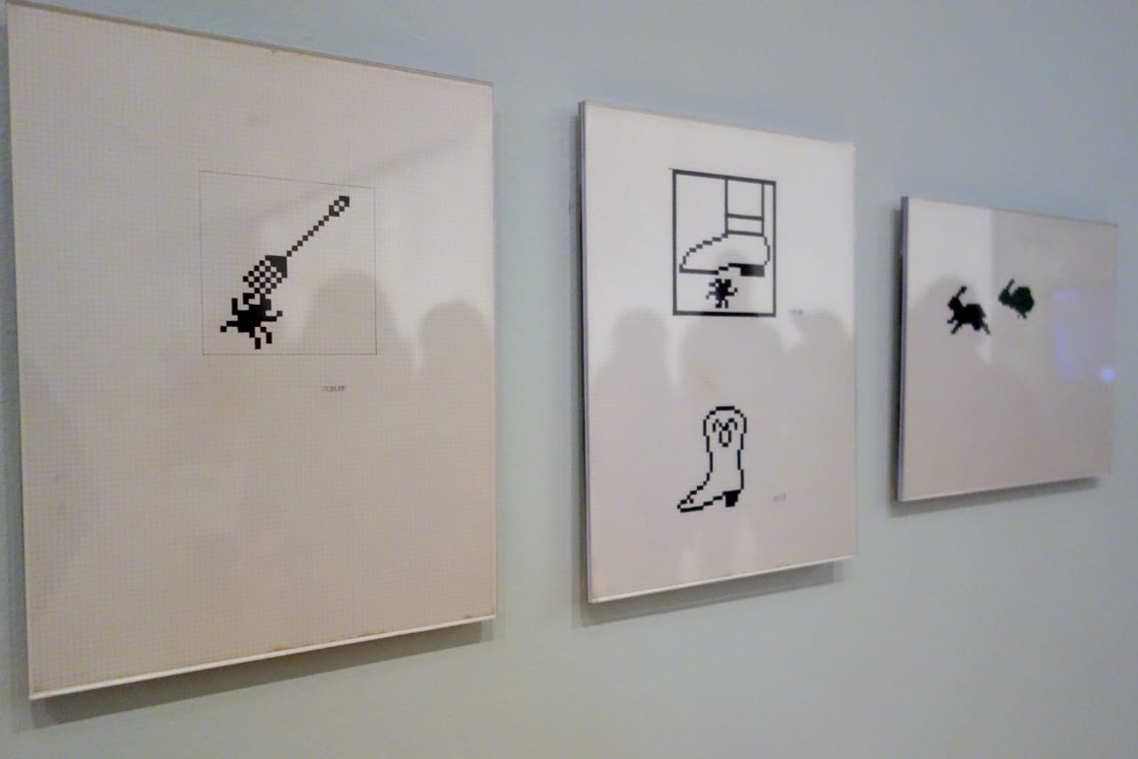 Susan Kare, "Sketches for Graphic User Interface Icon" (1982), ink on graph paper (gift of the designer, 2015, photo by the author for Hyperallergic)