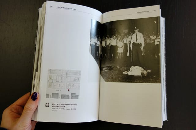 Mapped photograph in 'The Weegee Guide to New York' (photograph by the author, who apologizes for her distractingly chipped nail paint, for Hyperallergic)